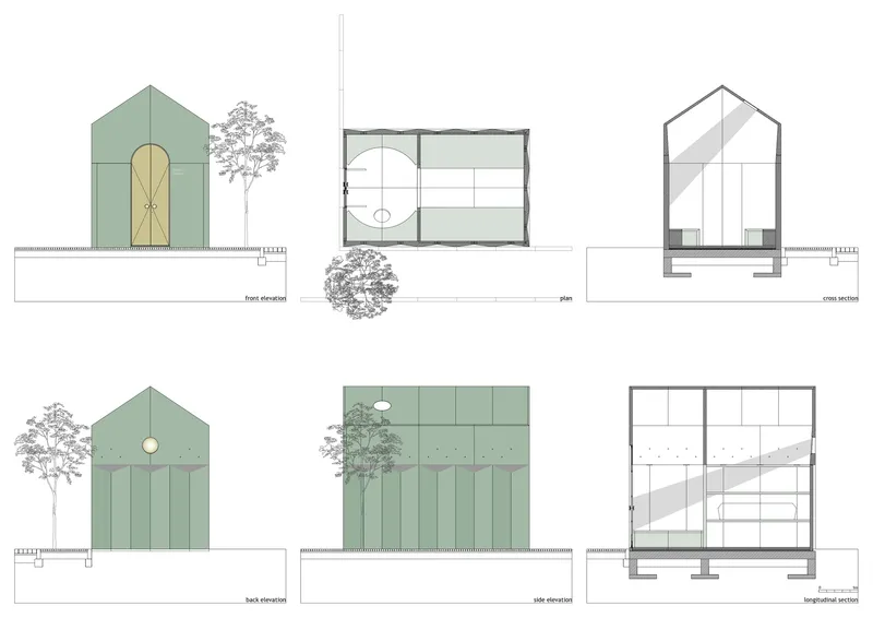 Elevation and section drawings showing a gabled volume with green cladding and circular openings