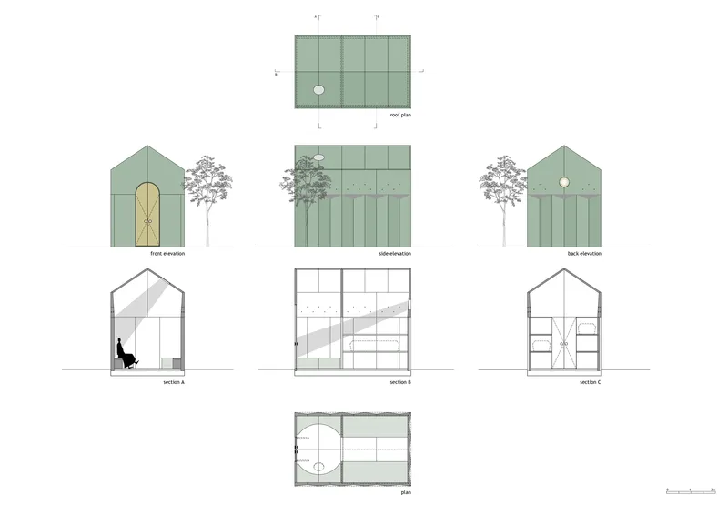 Elevation, section and plan drawings of a gabled structure with green paneling and adjacent trees
