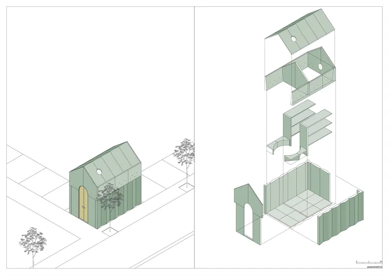 Axonometric drawings showing a green-clad gabled building and its exploded layer assembly