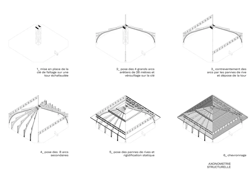 Axonometric drawing sequence showing the assembly stages of the arched roof structure
