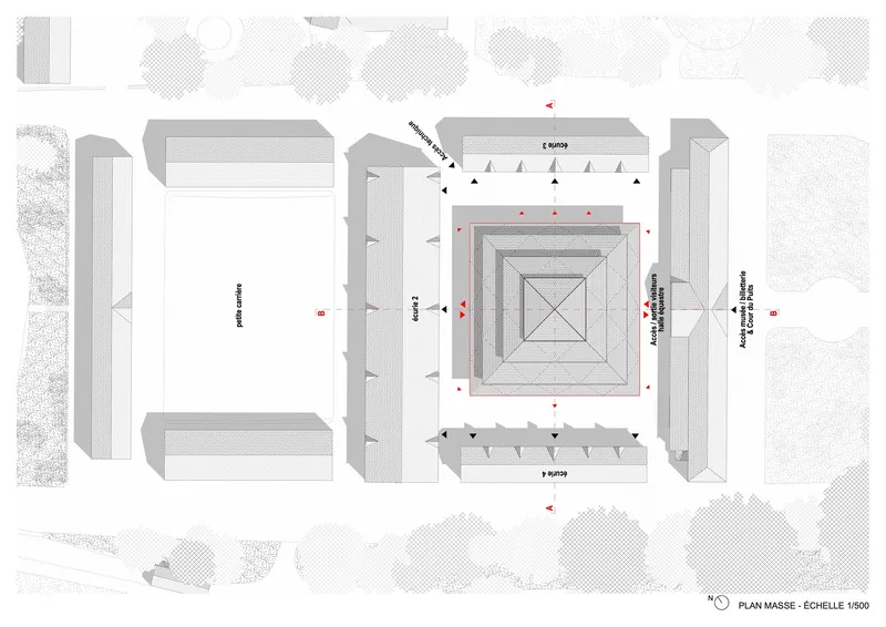 Site plan showing a central octagonal volume surrounded by rectangular wings and landscaped perimeter
