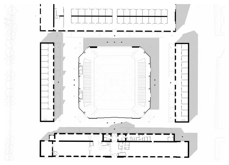 Floor plan drawing showing an octagonal central hall flanked by three linear wings with repeated cellular spaces