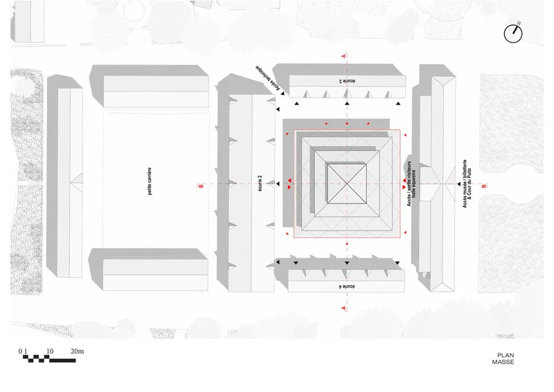 Site plan drawing showing the octagonal central structure with surrounding buildings and tree canopies rendered in grey