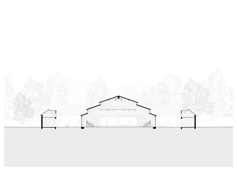 Section drawing showing the large gabled central hall flanked by lower two-story wings among trees