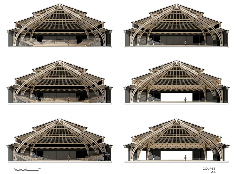 Section drawings showing six variations of the exposed timber truss system and interior configurations with human figures