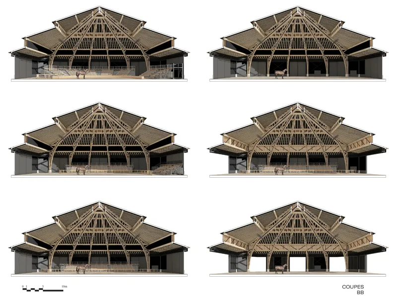 Section drawings showing six elevations of the layered timber roof structure with stone base and open colonnades