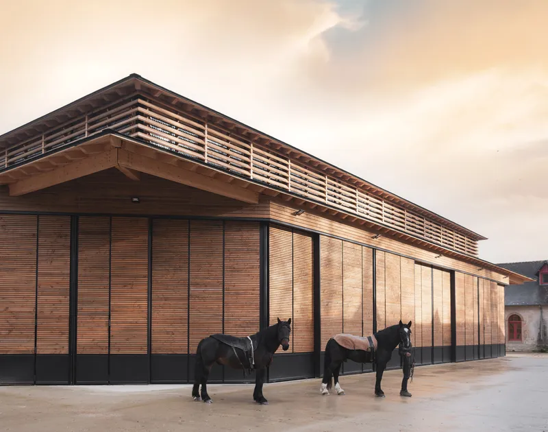 Timber facade with horizontal slat screens and ventilation band above two saddled horses at dusk