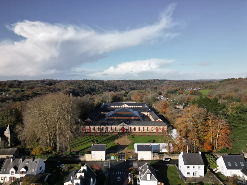 Aerial view showing the tiered roof and symmetrical courtyard surrounded by autumn trees and countryside
