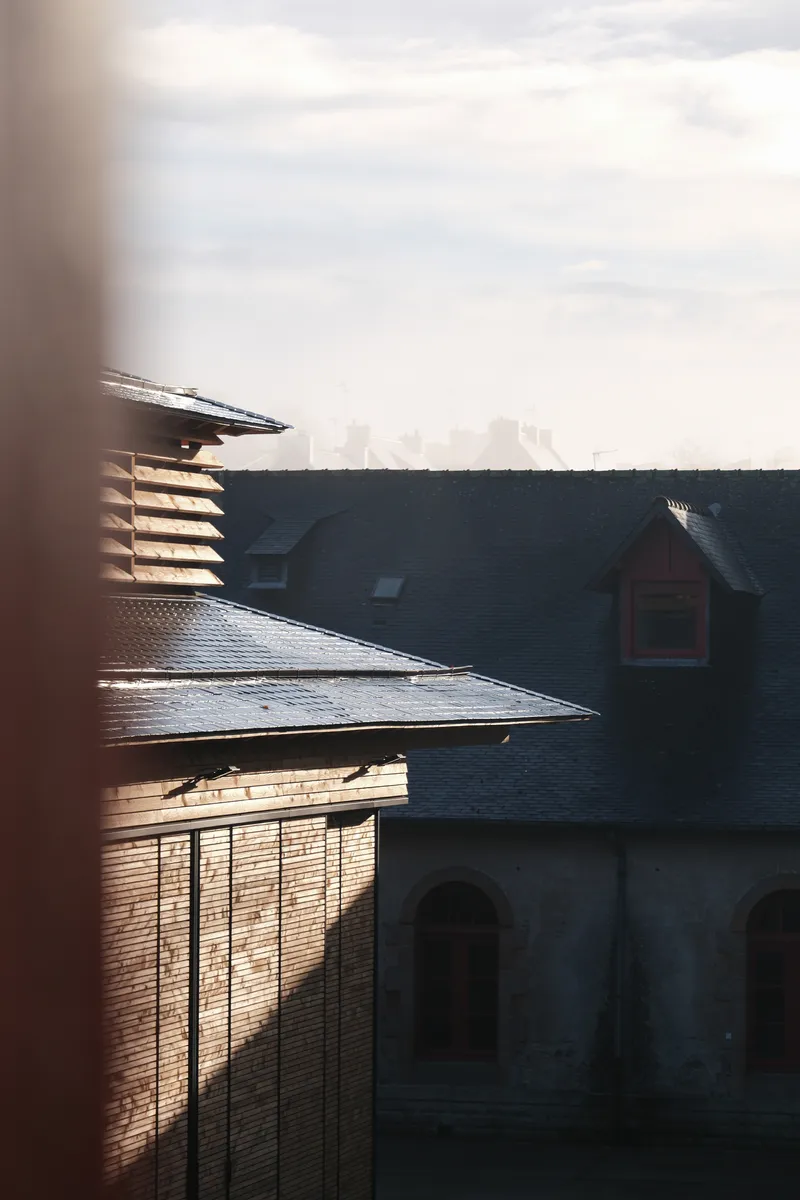 Afternoon sunlight casting shadows across the layered roof profiles and slatted timber wall