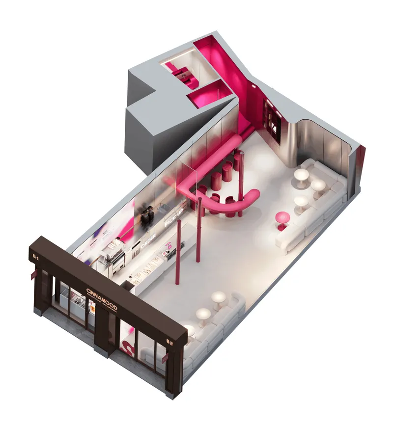 Axonometric cutaway showing retail interior layout with curved magenta elements and storefront facade