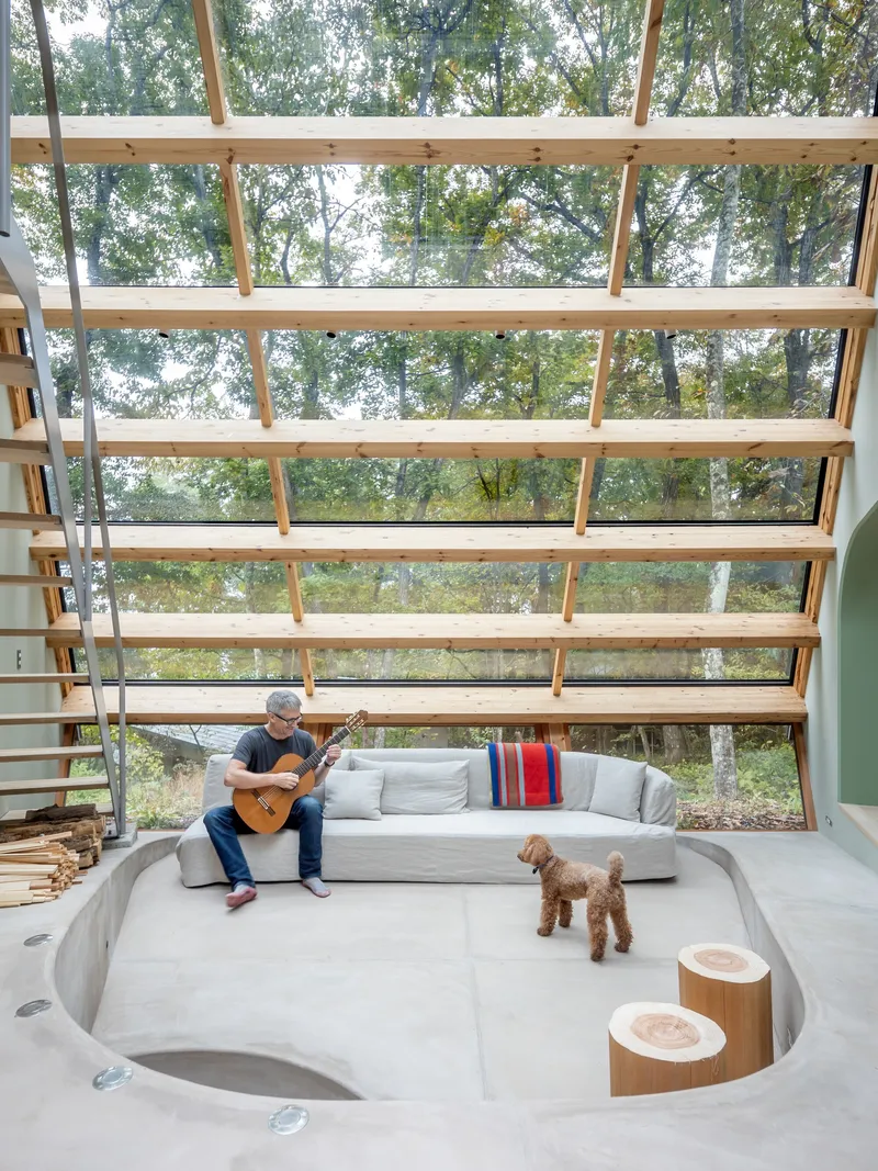 Sunken seating area with exposed timber rafters and full-height glazing overlooking trees with a person and dog