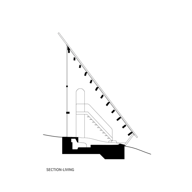 Section drawing through the living room showing exposed rafters and sloping terrain