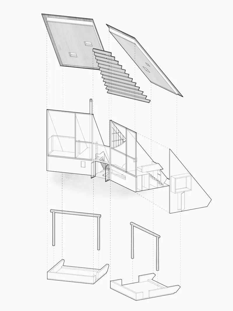 Exploded axonometric drawing showing the staircase, roof planes, and structural components separated vertically