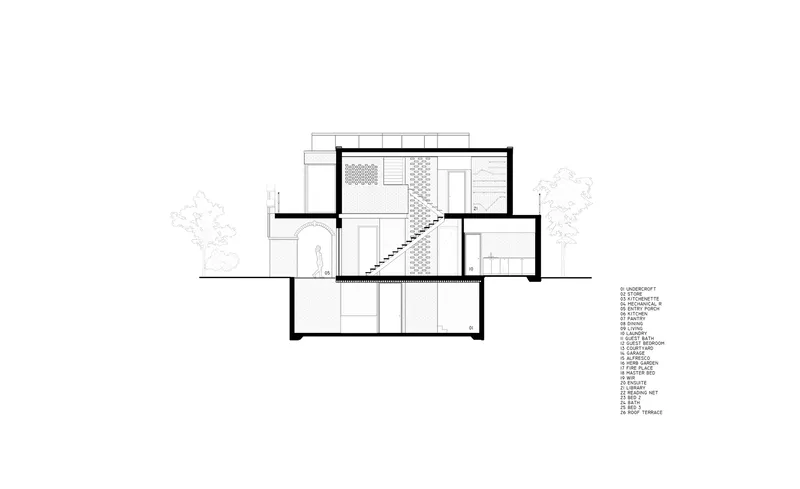Section drawing cutting through the staircase with flanking trees indicated in outline