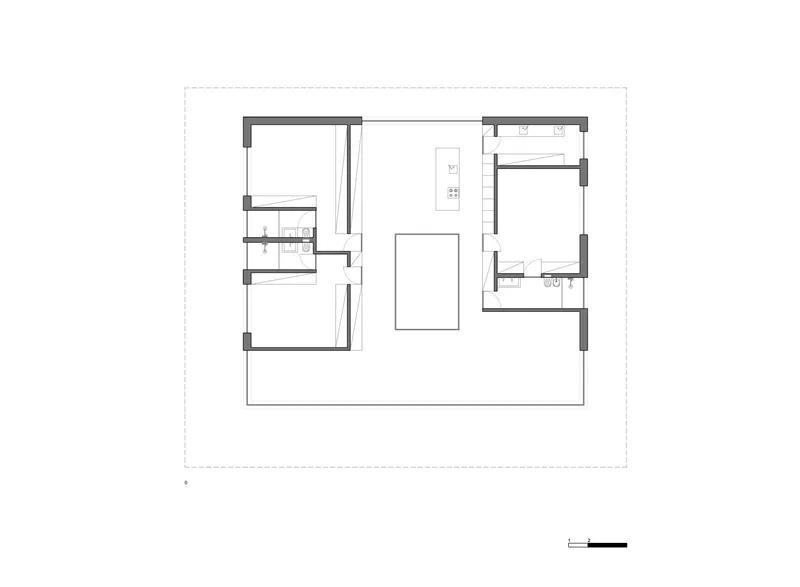Floor plan drawing showing a square residence with central courtyard and perimeter rooms