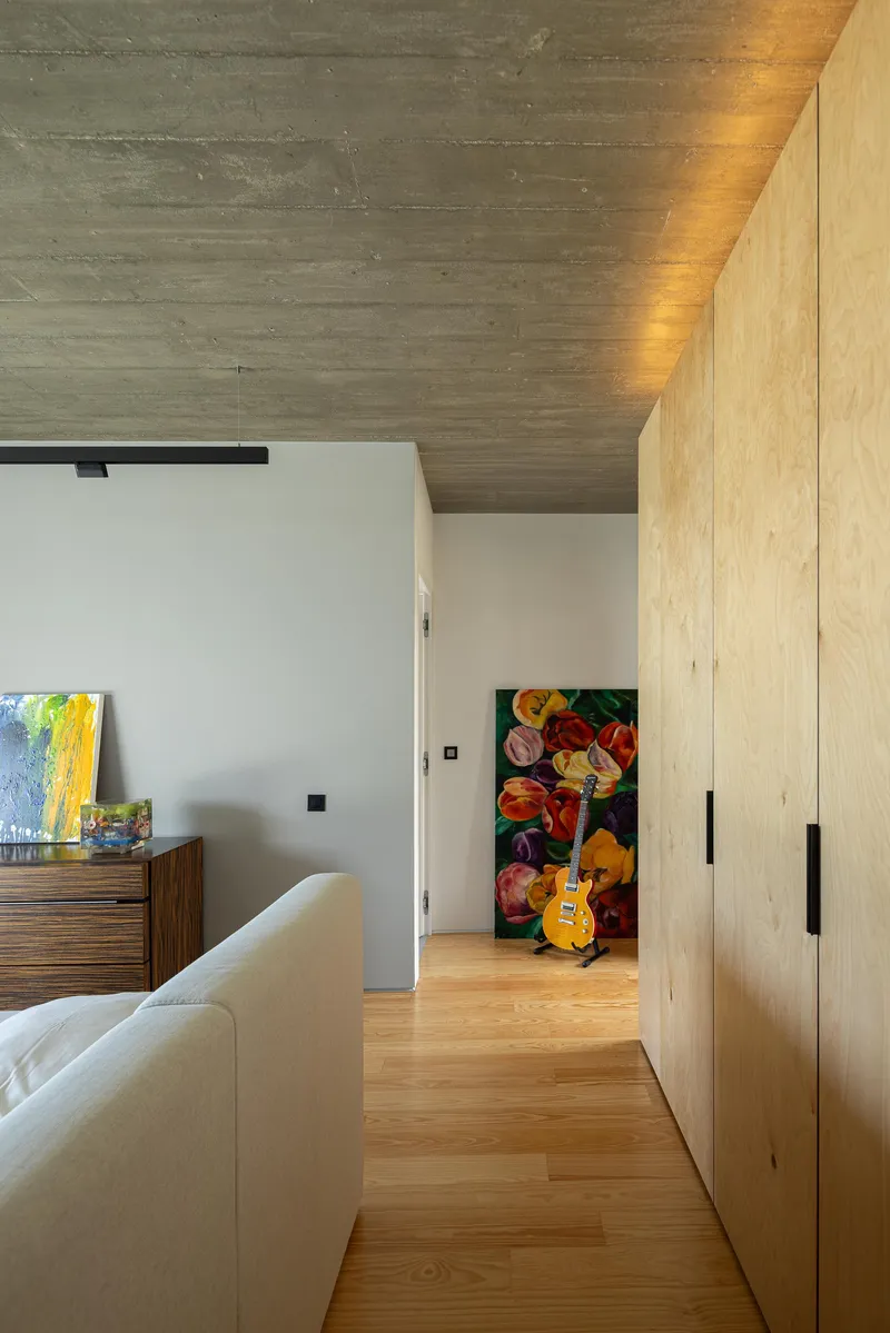 Hallway with plywood cabinetry and indirect ceiling lighting highlighting the timber boards above