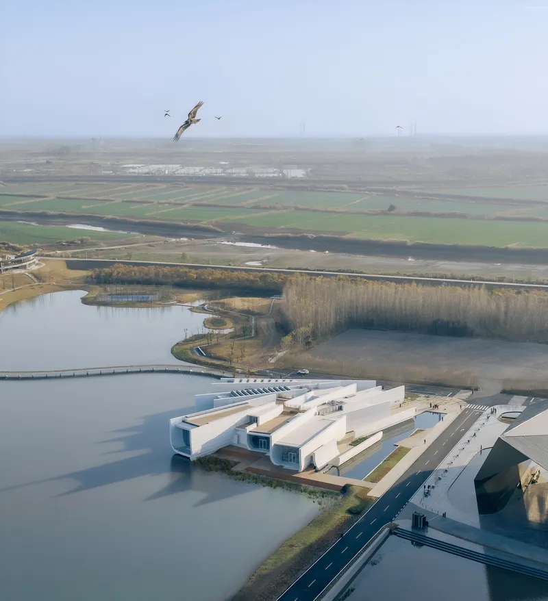 Drone view of the waterside complex with a bird flying above the misty landscape