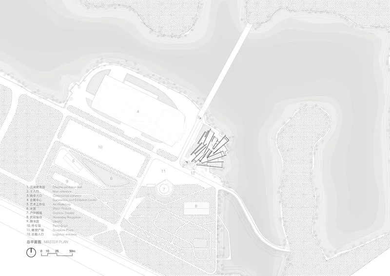 Site plan drawing showing radiating volumes between curvilinear water bodies and adjacent structures