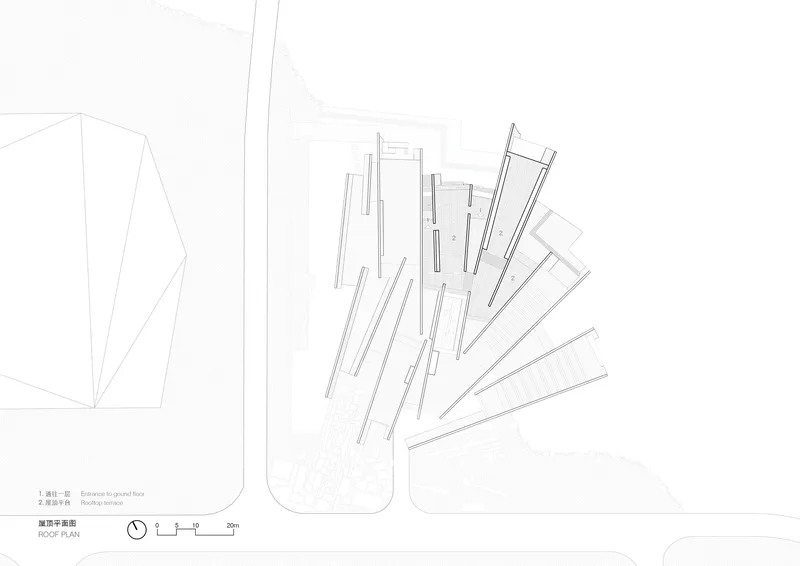 Roof plan drawing depicting splayed angular volumes with skeletal structural framework