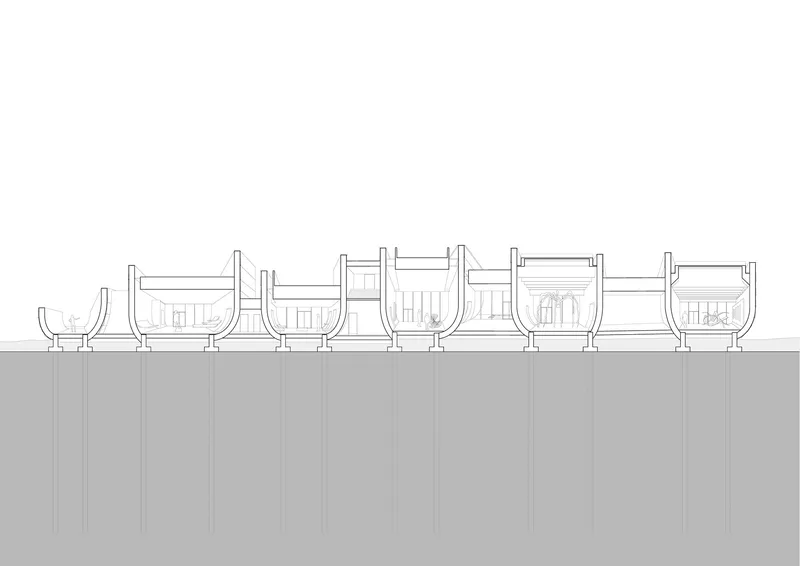 Section drawing showing six arched volumes with internal programs over foundation piles