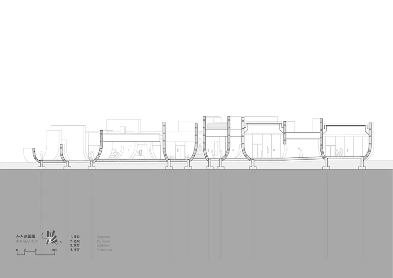 Section drawing showing a series of bowl-shaped volumes supported by columns above ground level