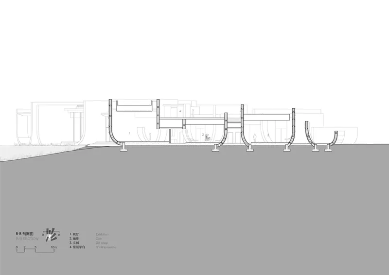 Section drawing depicting clustered bowl-shaped structures with varying heights and vertical support elements
