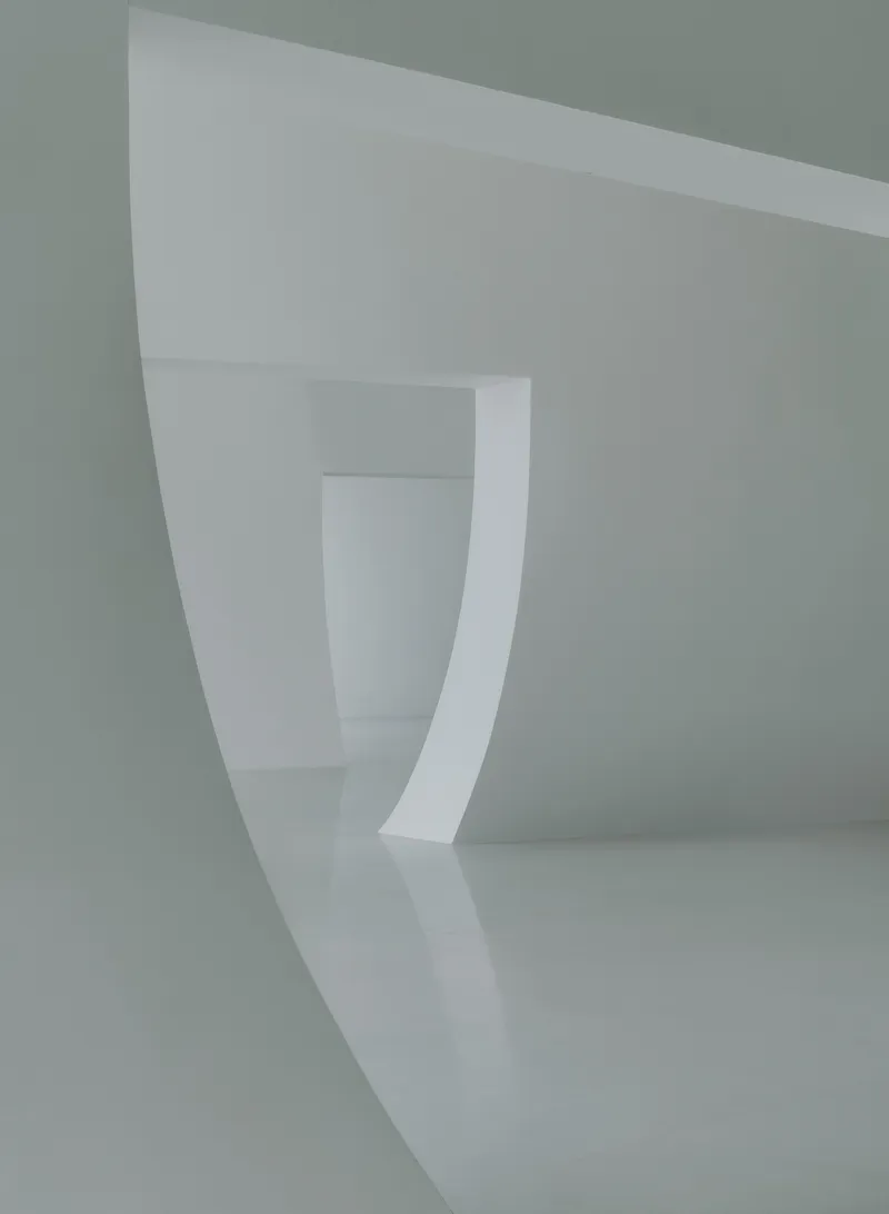 Series of curved white thresholds receding through connected interior spaces under diffused light