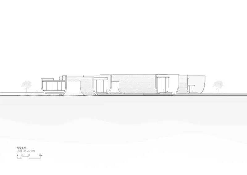 East elevation drawing showing four curved bowl-shaped volumes resting on grade with flanking trees