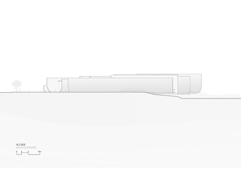 South elevation drawing displaying a long horizontal volume with textured roof surface and tree silhouette