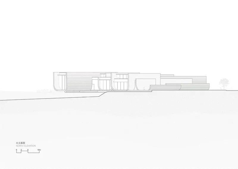 North elevation drawing showing a linear composition of staggered volumes with varied roof textures