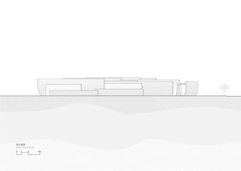 West elevation drawing showing a low horizontal volume partially embedded into sloped terrain with a tree