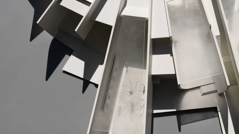 Overhead view of physical model revealing courtyard with curved interior walls and roof openings
