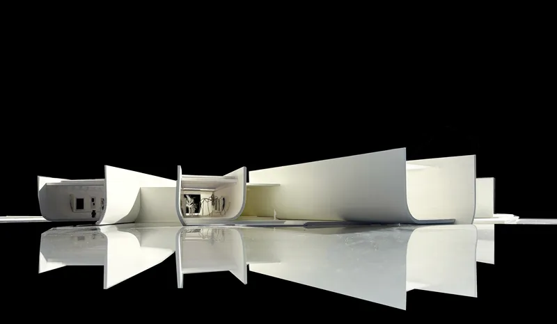 Sectional model revealing interior spaces beneath undulating roof forms with a reflective base surface