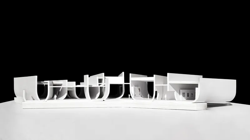 Longitudinal sectional model displaying the sequence of vaulted interior spaces and human scale figures