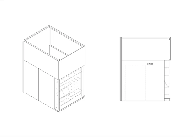 Isometric and elevation drawings of a staircase module enclosed within a cubic volume