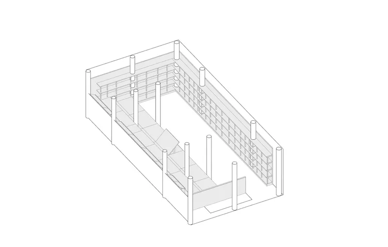 Isometric drawing of an interior space with columns, platforms, and horizontal slat wall detail