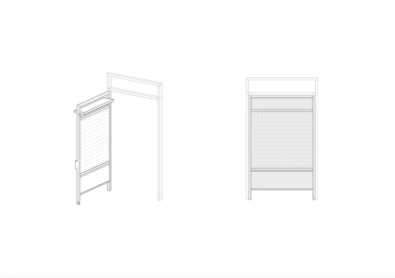 Axonometric drawing showing two framed panels with perforated metal screens in open and closed positions