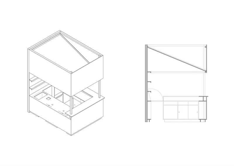 Isometric and section drawings revealing a two-story interior with mezzanine slab and diagonal bracing