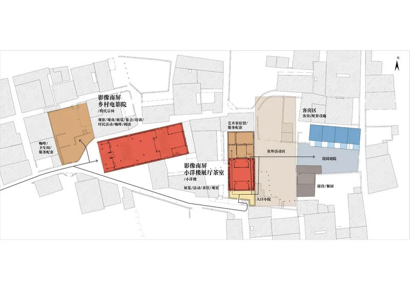 Site plan drawing with color-coded building volumes and labeled program areas in hatched context