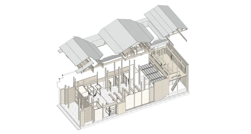 Axonometric drawing showing exploded roof assembly above timber frame and interior partitions