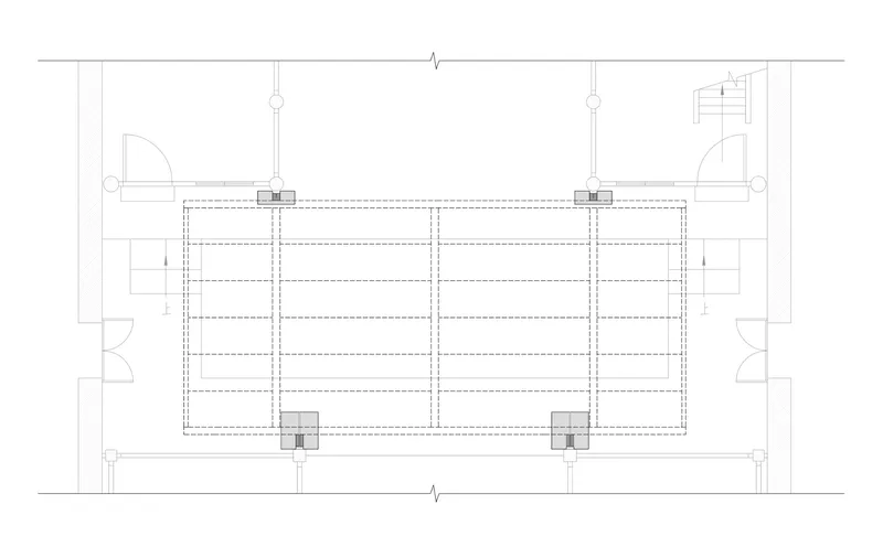 Reflected ceiling plan drawing with column locations and diagonal cable system marked with dashed lines