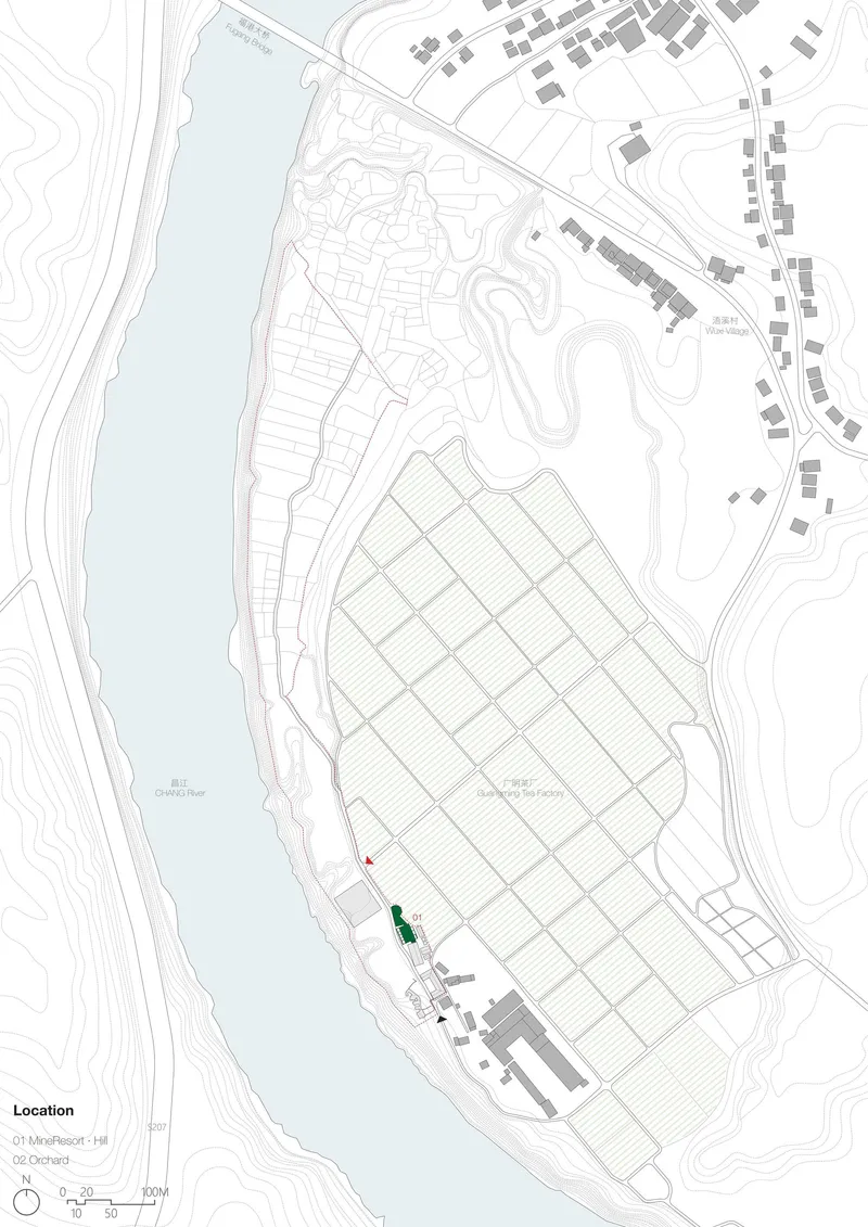 Site plan drawing showing the building location among agricultural plots, water body and topographic contours