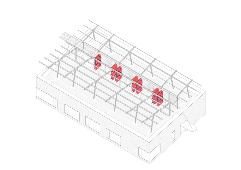 Axonometric drawing showing a structural frame with red highlighted mechanical units arranged in a row