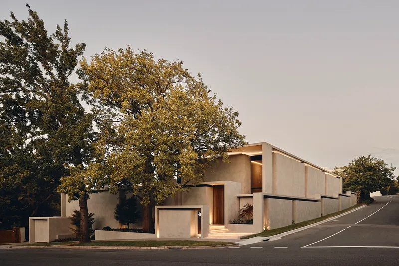 Front facade with illuminated entrance voids and tall trees along the residential street at dusk