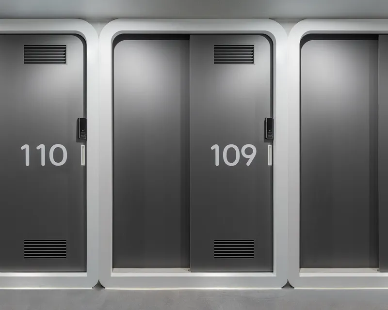 Row of numbered grey sliding doors with ventilation grilles and white rounded frames