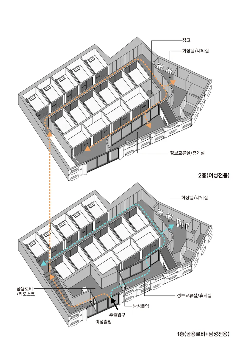 Axonometric drawings showing two floors of modular residential units with circulation corridors and labeled service areas