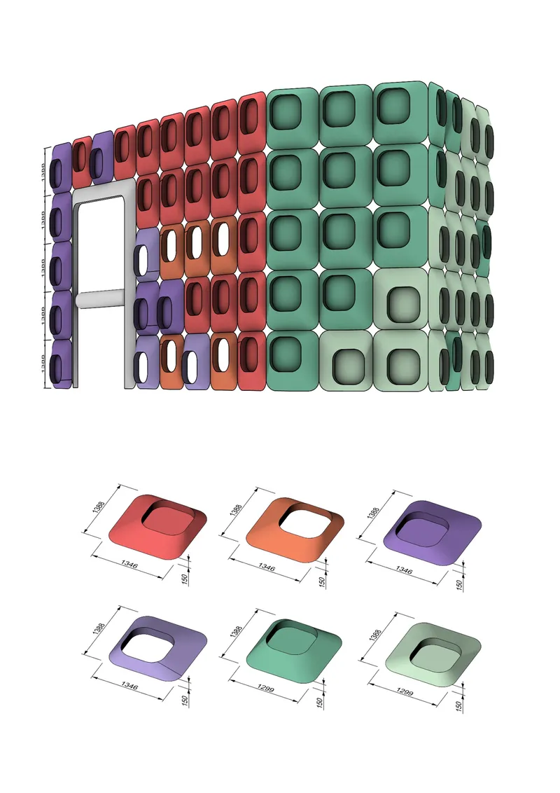 Isometric rendering of the modular facade system showing colored rounded-square panels with individual unit specifications below
