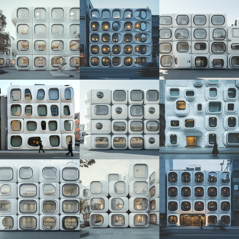 Grid of nine facade studies showing the rounded-square window system in varying light conditions and pedestrian activity