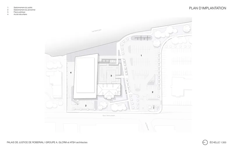 Site plan drawing showing the building footprint in relation to surrounding streets and parking areas