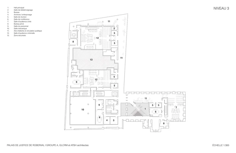 Third level floor plan showing courtrooms and meeting rooms arranged around a central void